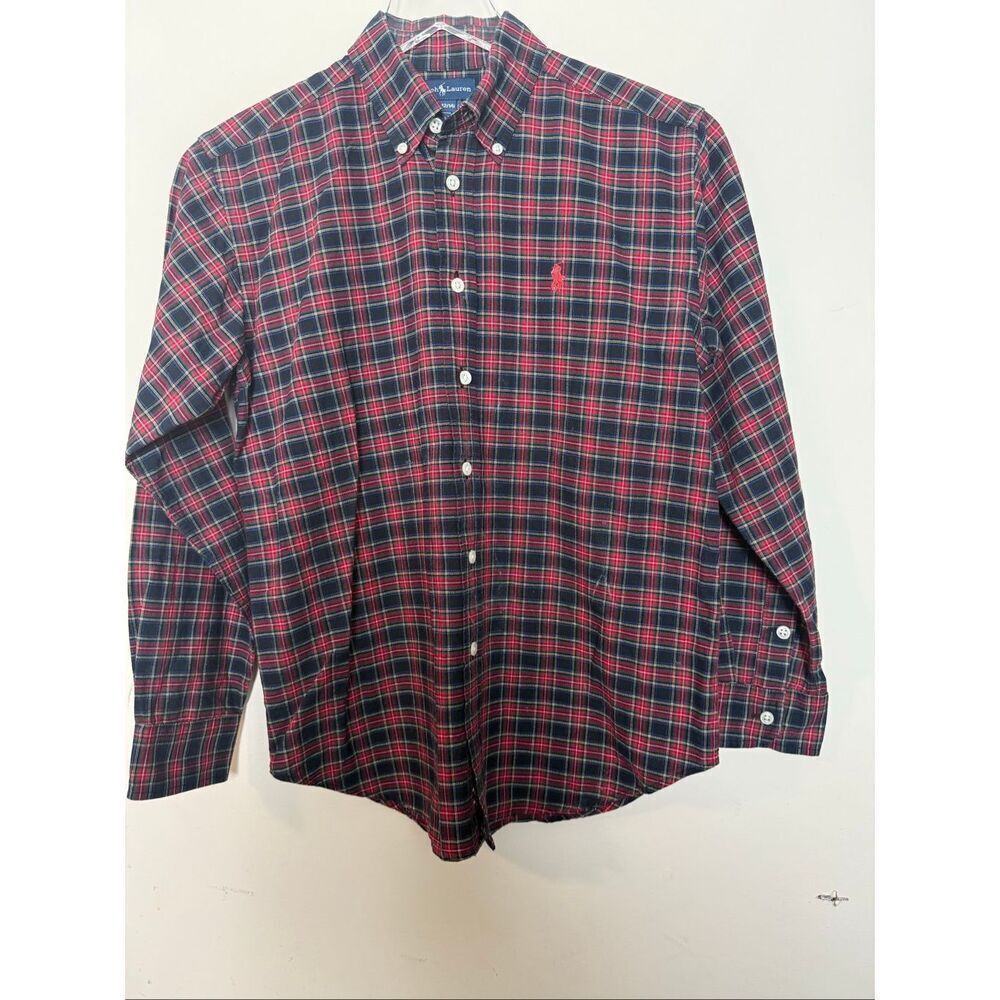 Ralph Lauren Boys Plaid Button Down Shirt M 12/14 Tartan Red Green Blue Holiday